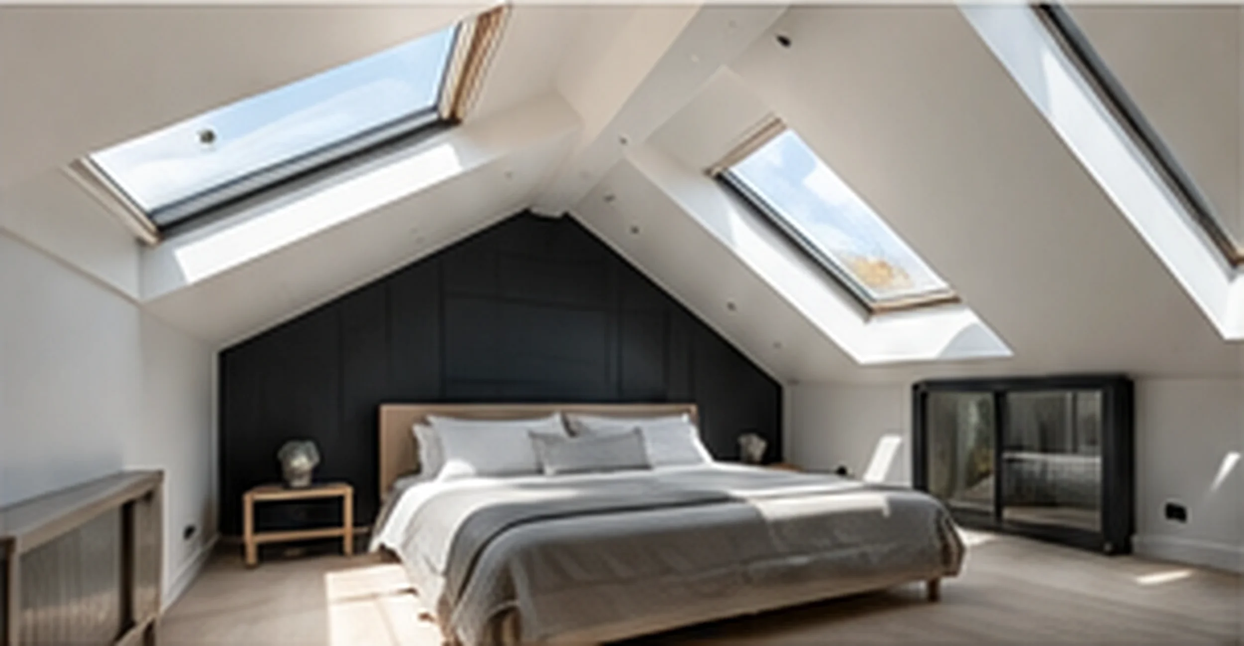 Loft conversion bedroom with rooflights and contemporary fitted interior in a London property.