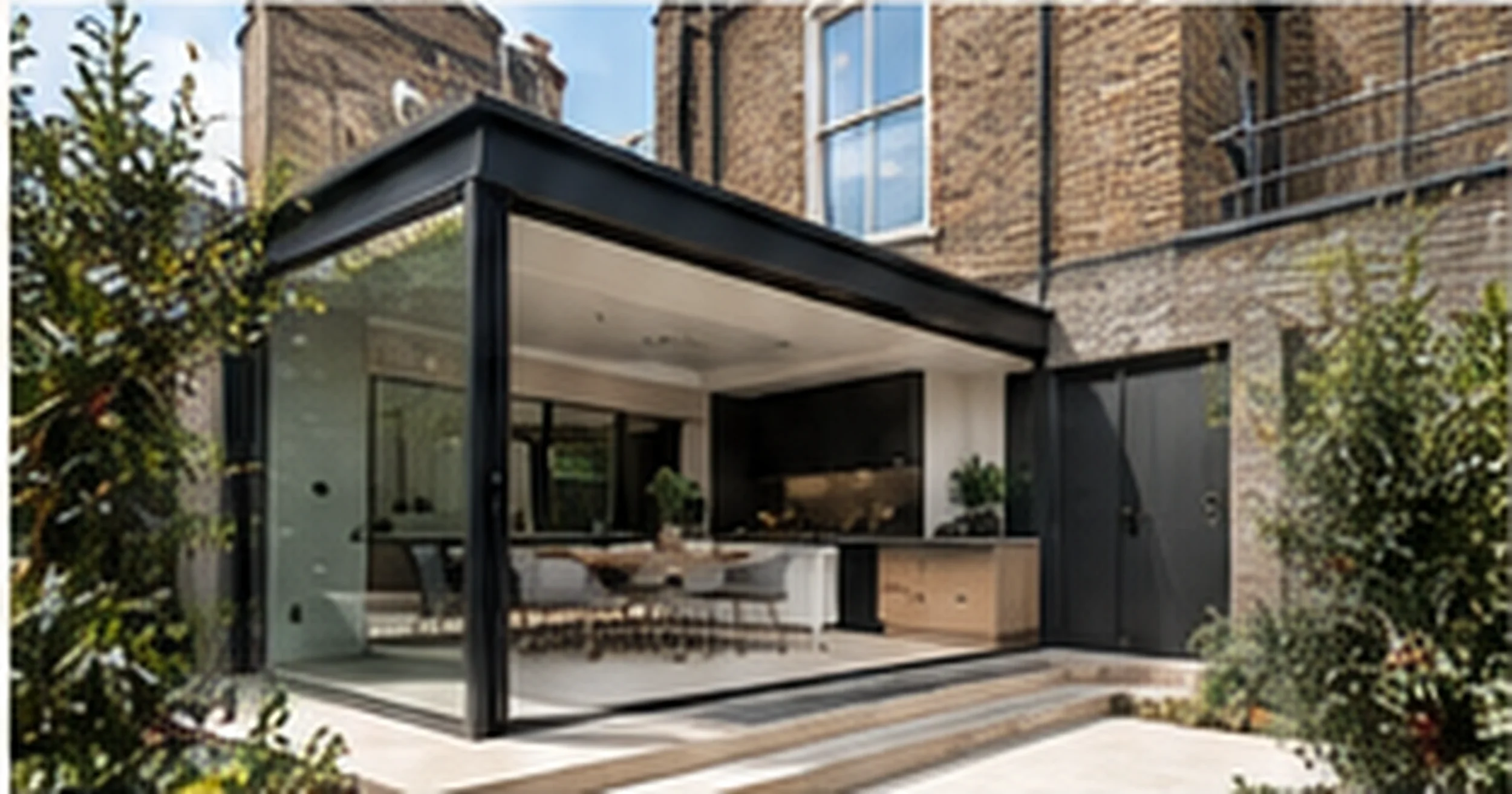 Modern rear house extension with large glazing and open-plan living space integrated into an existing London property.