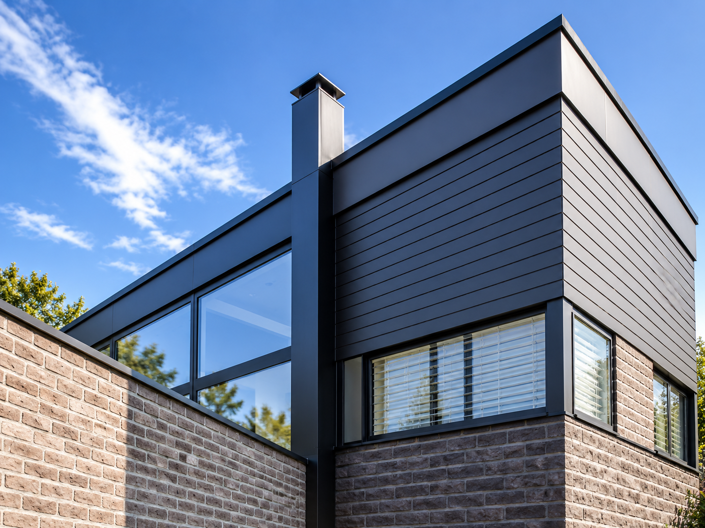 Modern residential building envelope with external cladding, glazing and weatherproof detailing