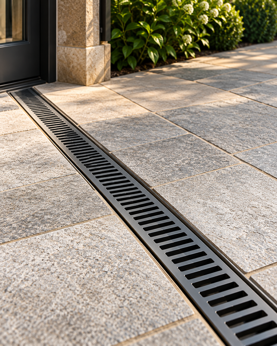 Linear drainage channel installed within external stone paving