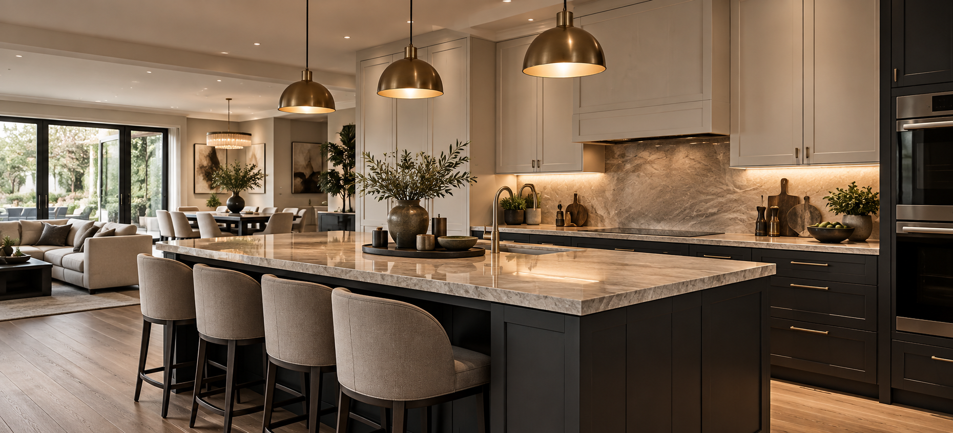 Luxury kitchen and adjoining living space following coordinated multi-room residential renovation