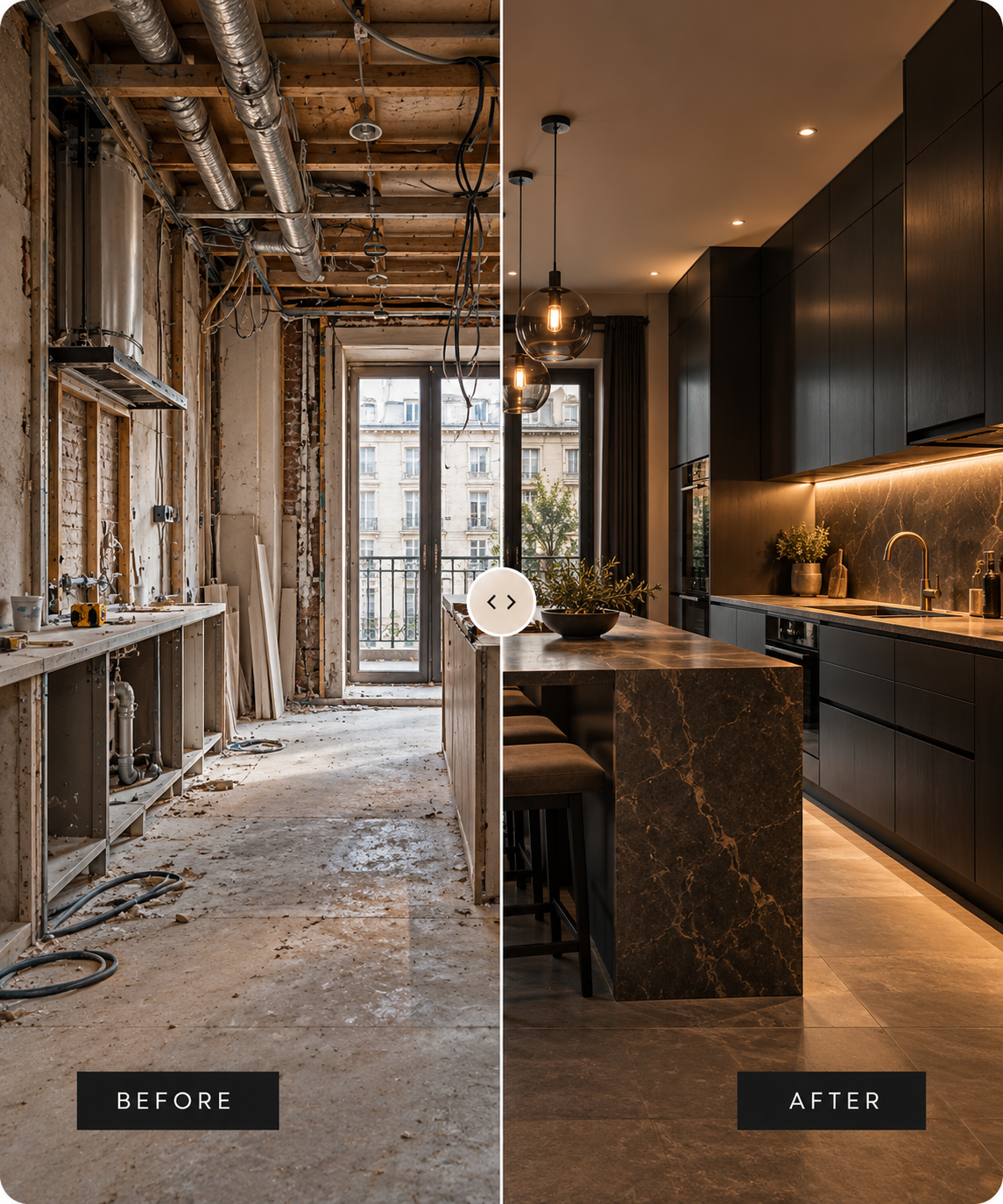 Before and after London kitchen renovation showing first-fix construction and completed bespoke interior