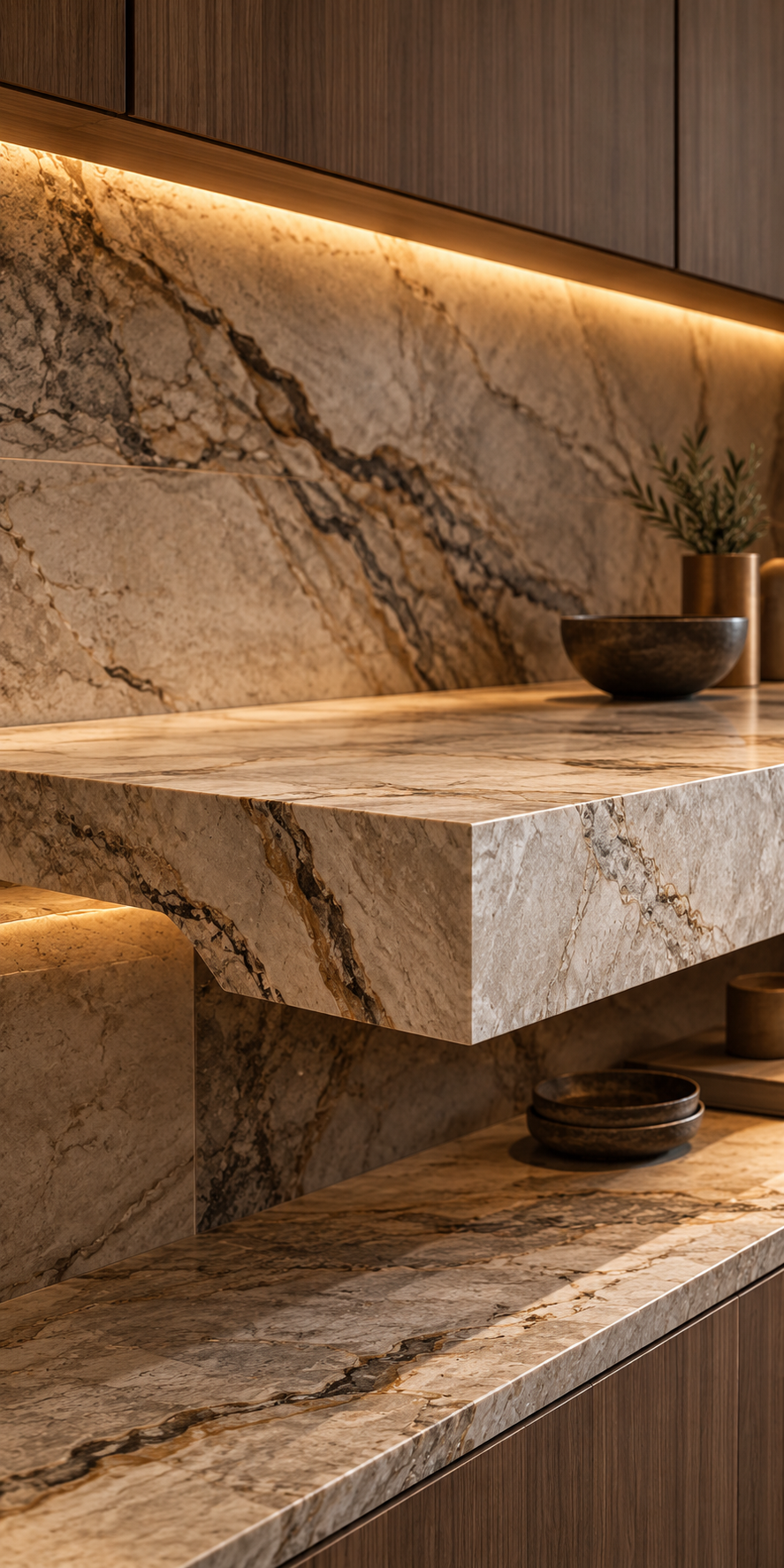 Veined natural stone kitchen worktop and architectural surface detail