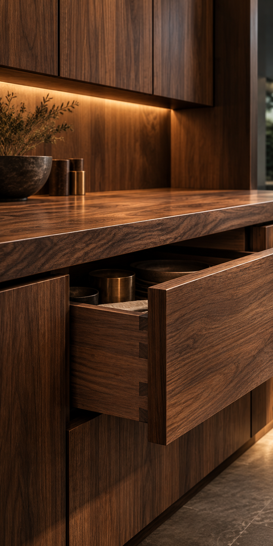 Bespoke walnut kitchen cabinetry with integrated storage and precision joinery