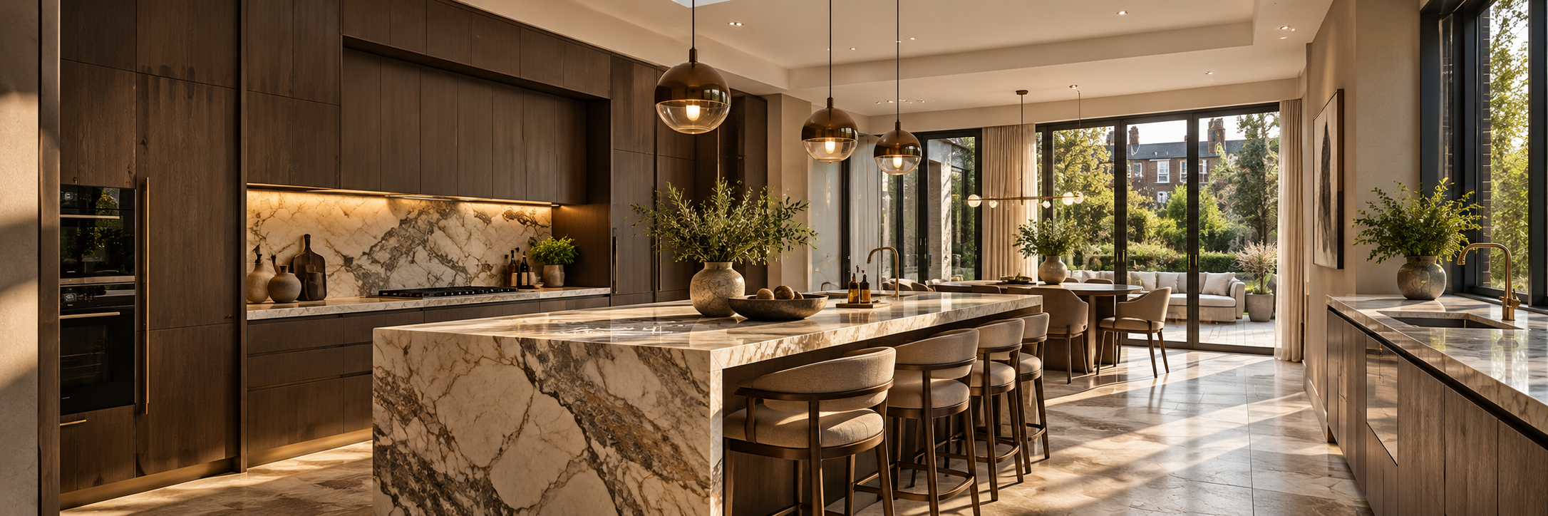 Completed luxury kitchen reconstruction with stone island and garden views