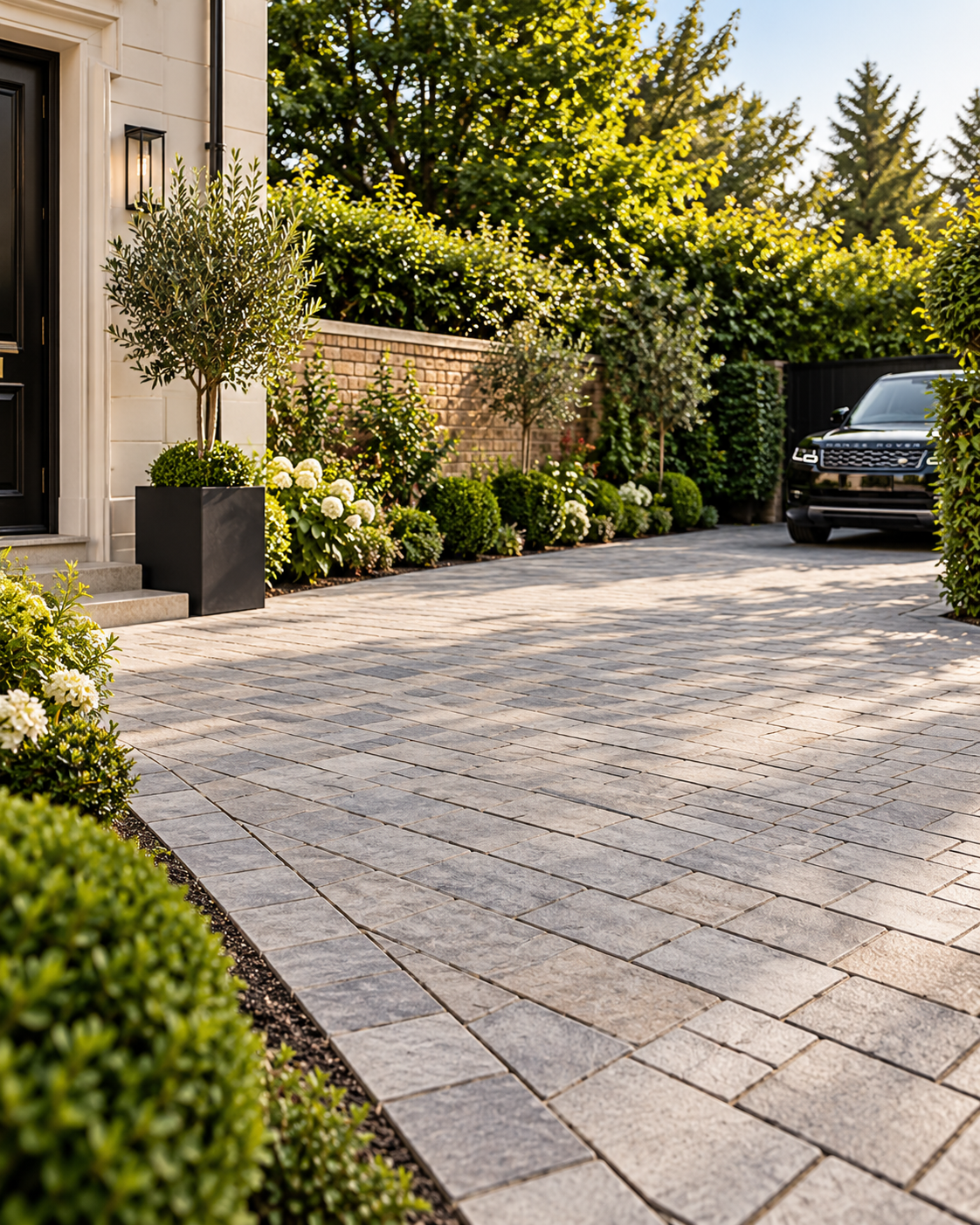 Residential driveway with stone paving and landscaped boundaries