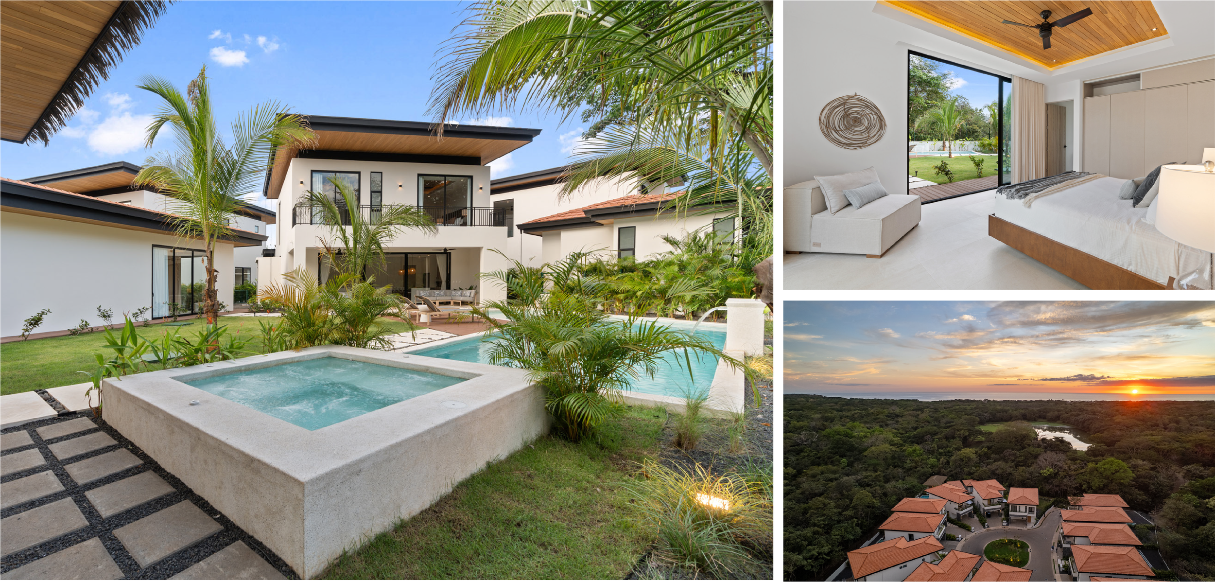 Collage of vacation property featuring a modern house with outdoor pool and hot tub, a bedroom with sliding glass door leading outside, a sunset over green forest and houses with orange roofs.