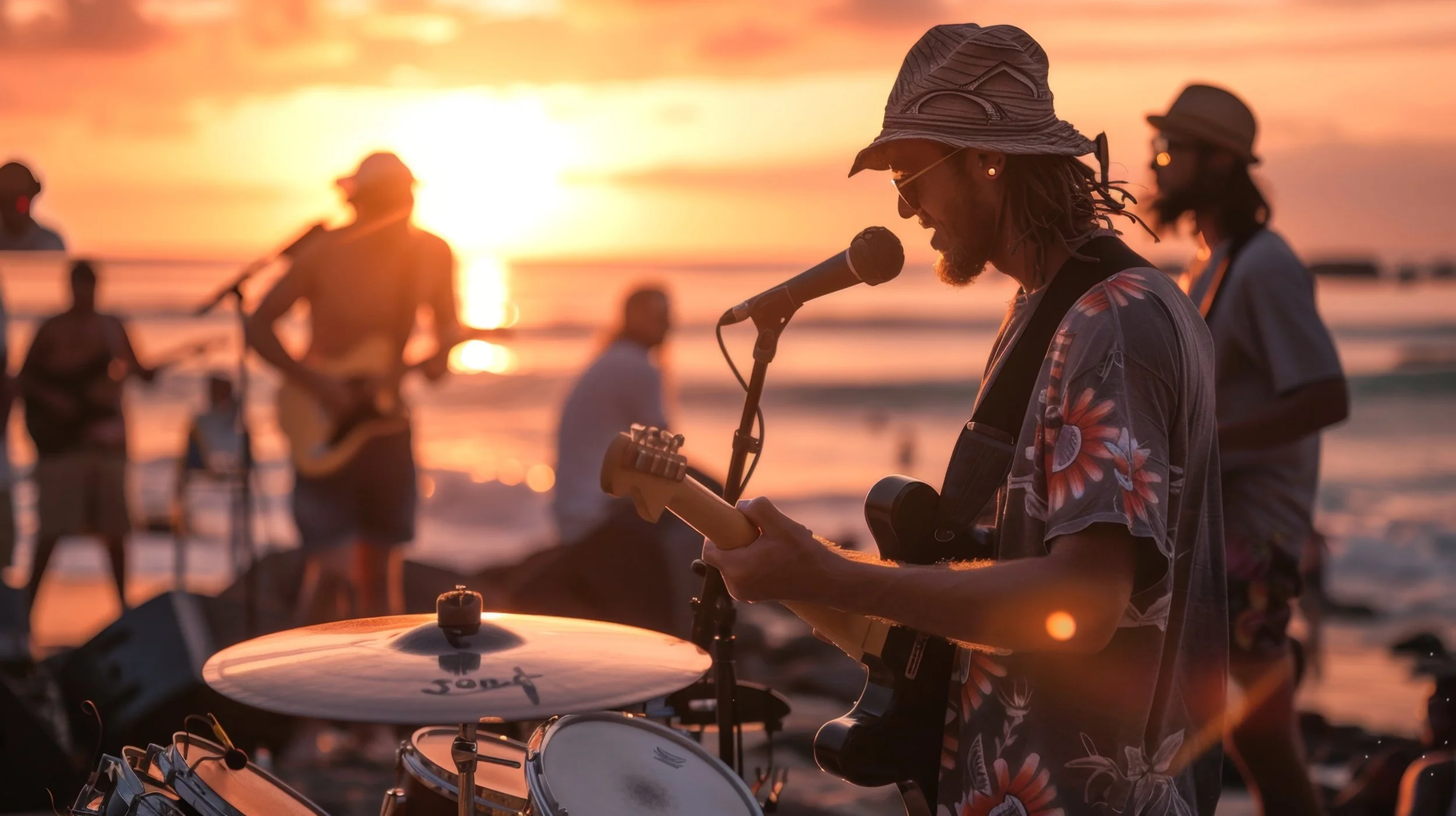 A man playing a guitar and singing into a microphone on the beach at sunset, with others in the background, some holding instruments, during a beach music event.
