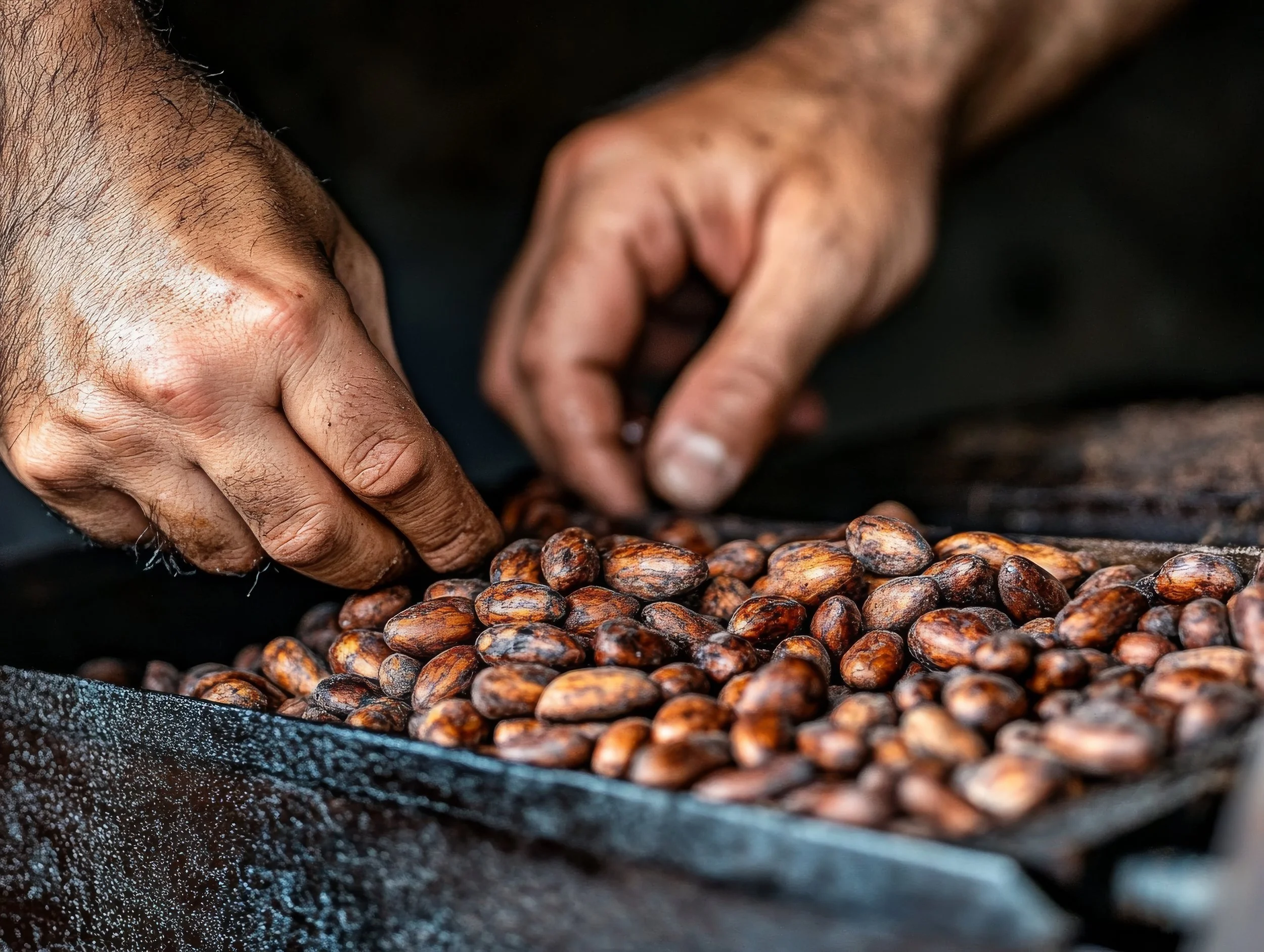 Close-up of hands handling roasted cocoa beans in a tray.