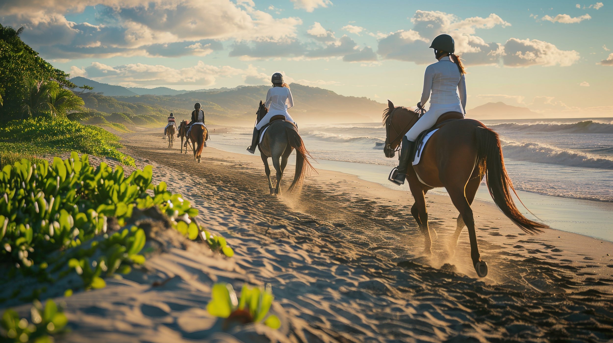 Group of people riding horses along the beach at sunset, with green vegetation in the foreground and mountains in the background.