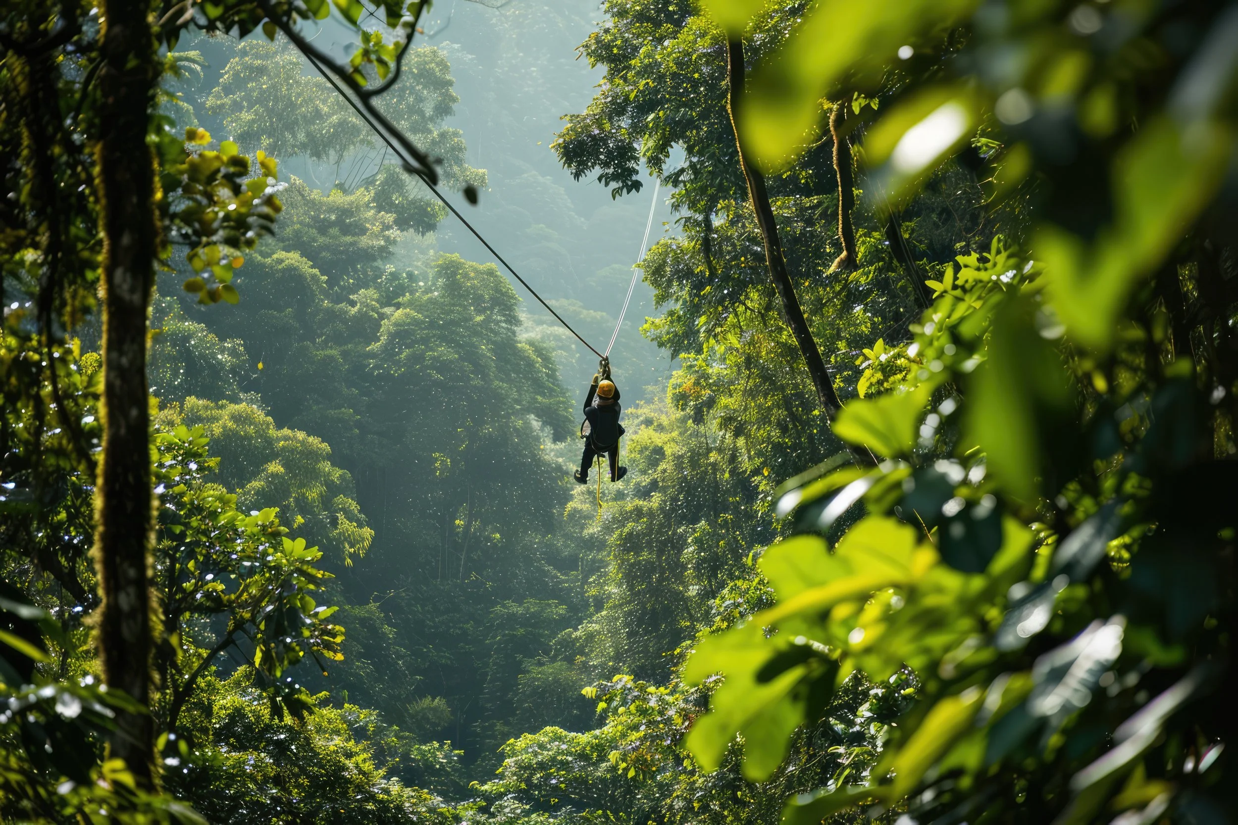 Person riding a zip line through a lush green forest with sunlight filtering through trees.