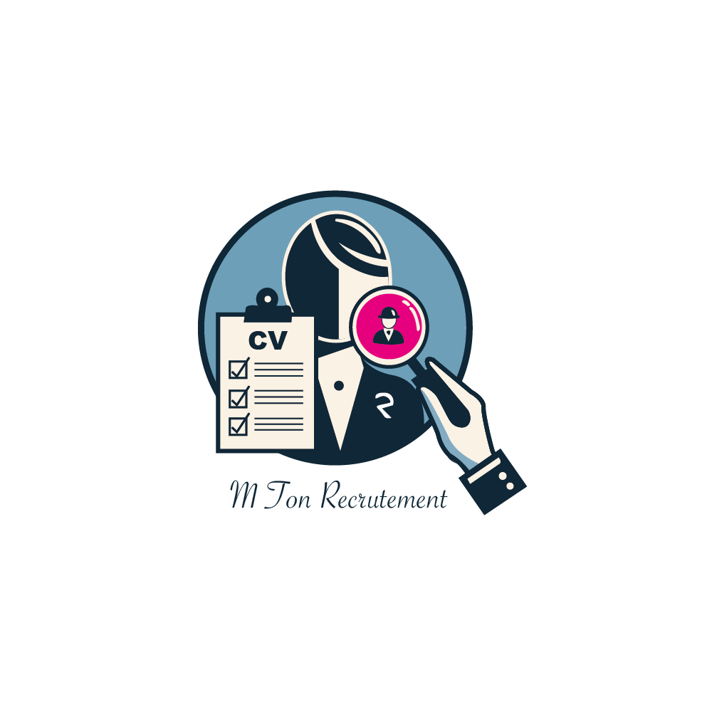 Logo de recrutement avec une silhouette d'entreprise, une CV, une loupe, et un icône de profil avec un chapeau noir, accompagnée du texte 'M Ton Recrutement'.