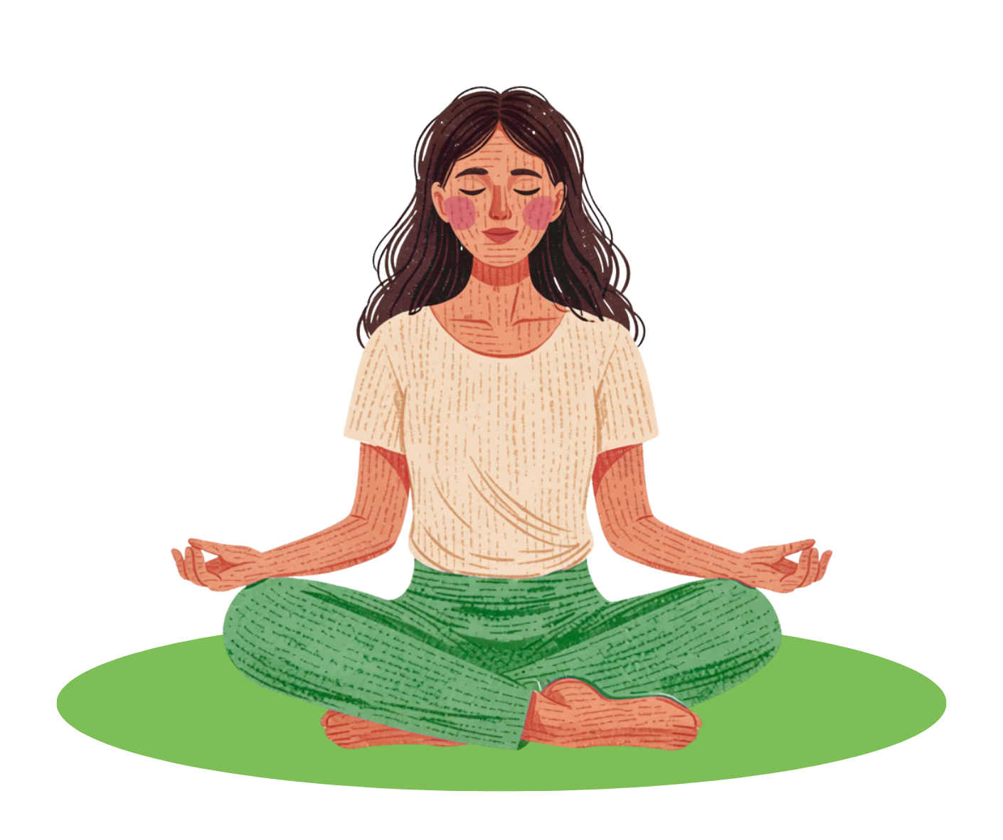 A woman with long dark hair practicing yoga in a seated cross-legged position on a green mat. She is wearing a beige t-shirt and green patterned pants, with her eyes closed and hands resting on her knees in a mudra gesture.