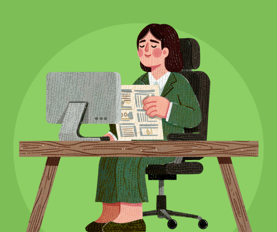 Cartoon woman in business suit sitting at desk, reading newspaper, with computer monitor, against green background.