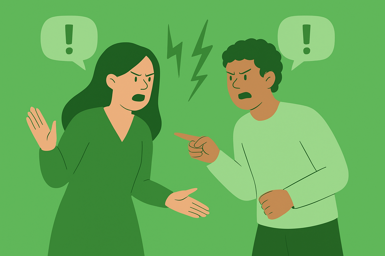 Illustration of a woman and a man arguing, with angry facial expressions and speech bubbles with exclamation marks. The woman has long dark hair and is wearing a green dress, and the man has curly dark hair and is wearing a light green shirt.