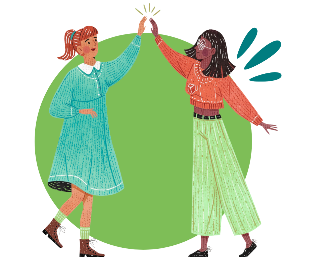 Two women high-fiving each other in front of a green circle background, one wearing a blue dress and the other wearing a sweater and green pants.