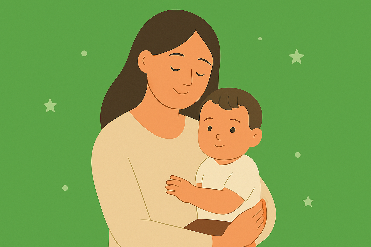 Illustration of a woman holding a young boy, both smiling softly, with a green background and floating stars.