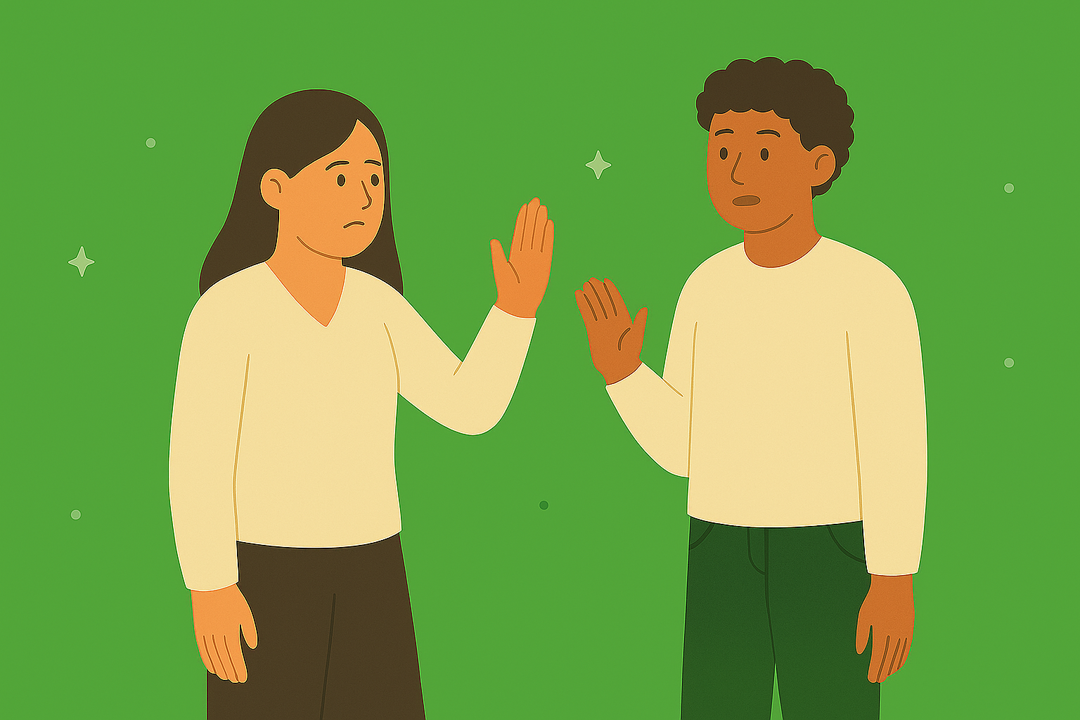 Two people giving each other a high five against a green background.