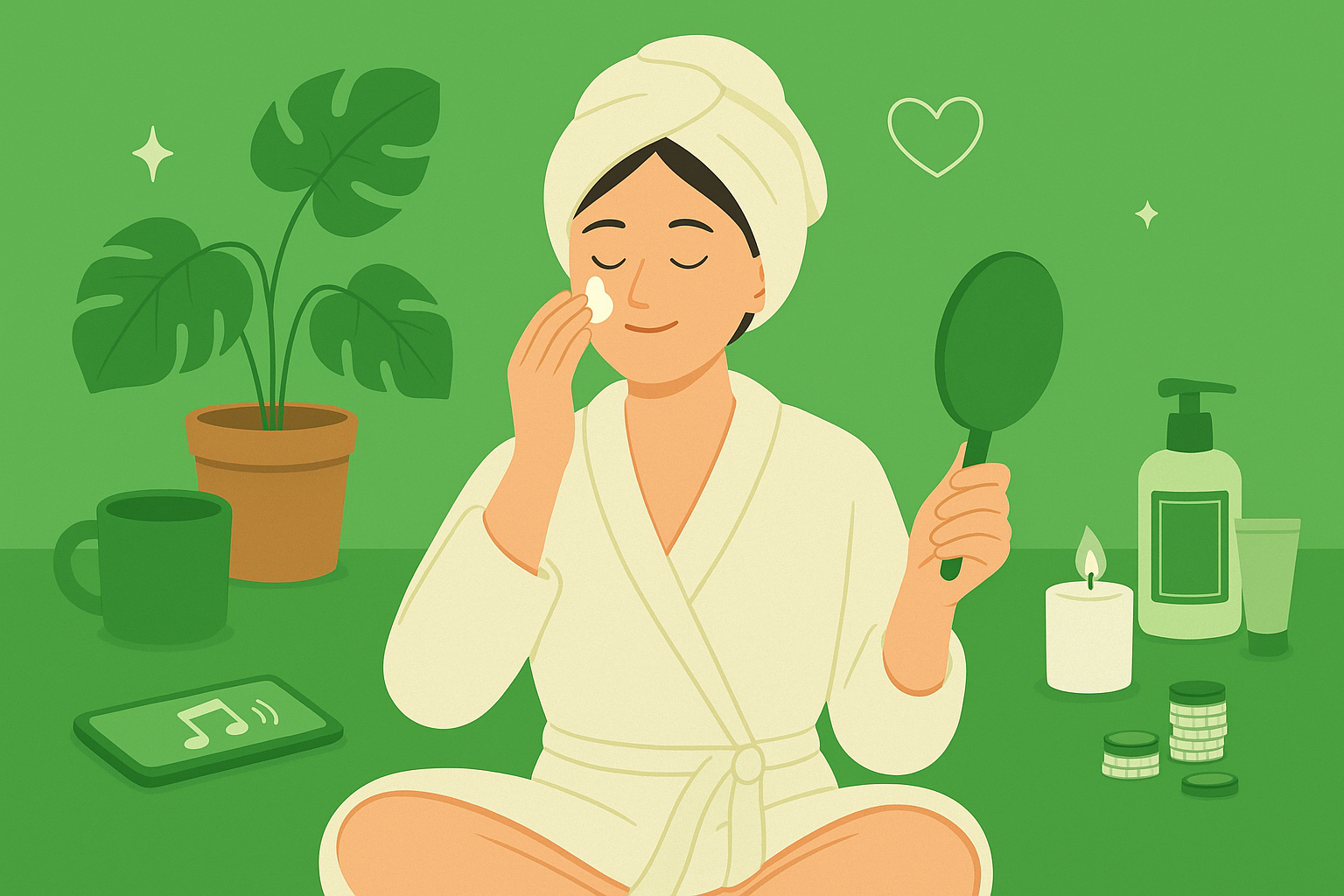 A woman in a bathrobe with a towel on her head applying skincare with a cotton pad in a wellness setting, surrounded by skincare products, a candle, a plant, a mug, a mirror, and a phone playing music.