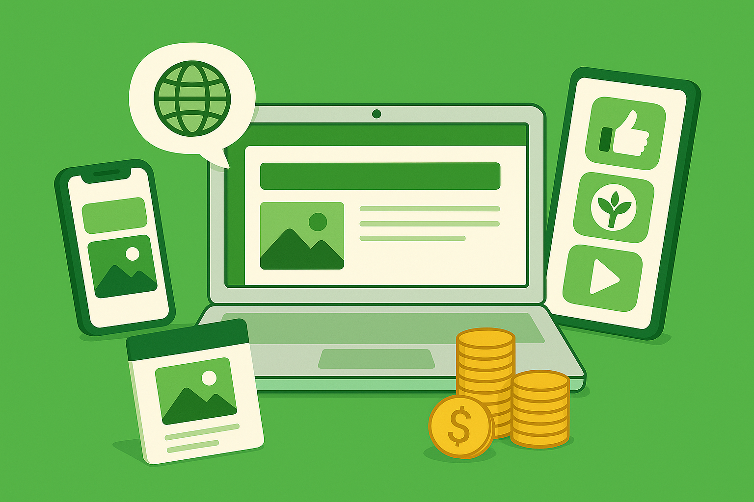 Digital illustration of a laptop with social media and web icons, smartphones displaying images, and a stack of gold coins on a green background.