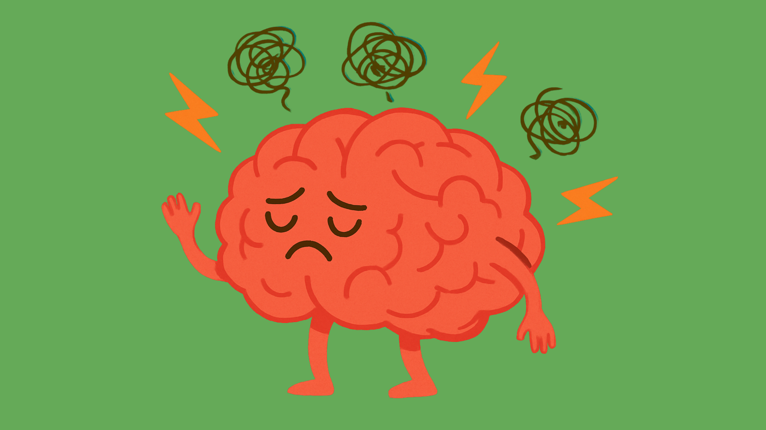 A cartoon illustration of a distressed brain character with a sad facial expression, raised hand, and bent legs, with scribbles and lightning bolts around it indicating confusion or frustration against a green background.