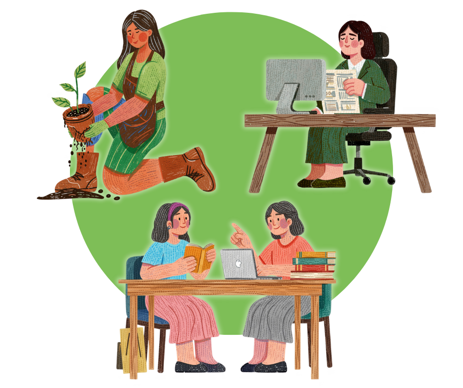 Illustration of three women engaged in activities related to nature, work, and learning, with a green circle background.