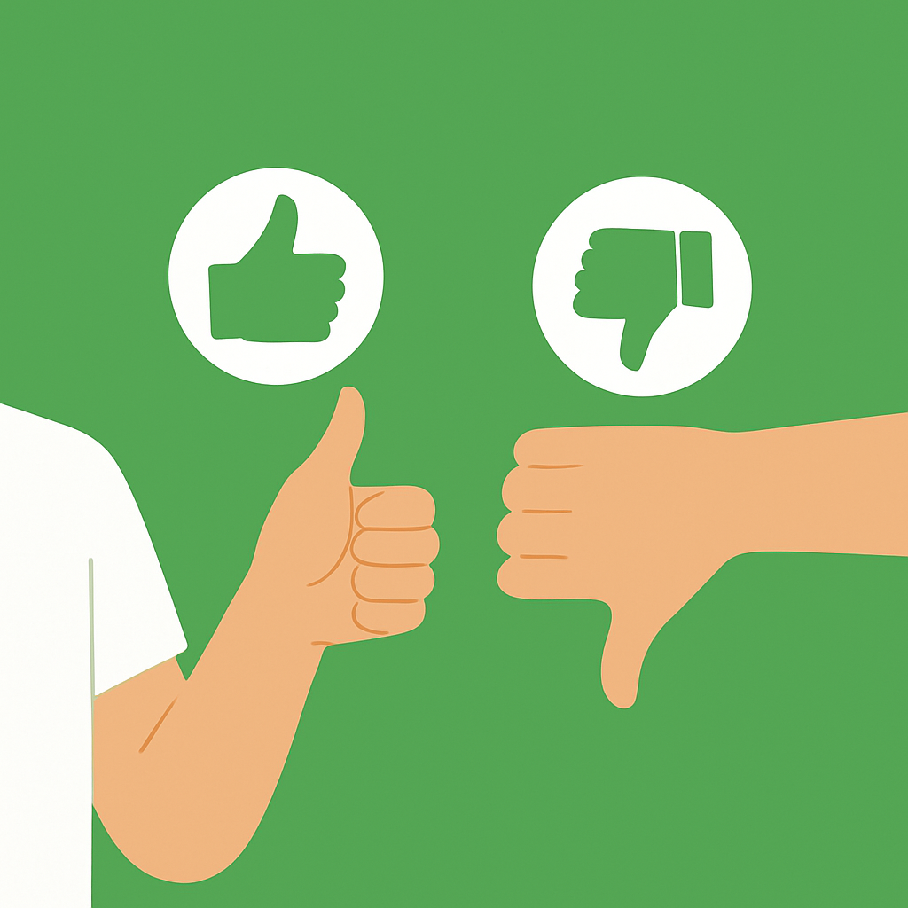 A person giving a thumbs up with a thumbs up icon, and a person giving a thumbs down with a thumbs down icon, on a green background.