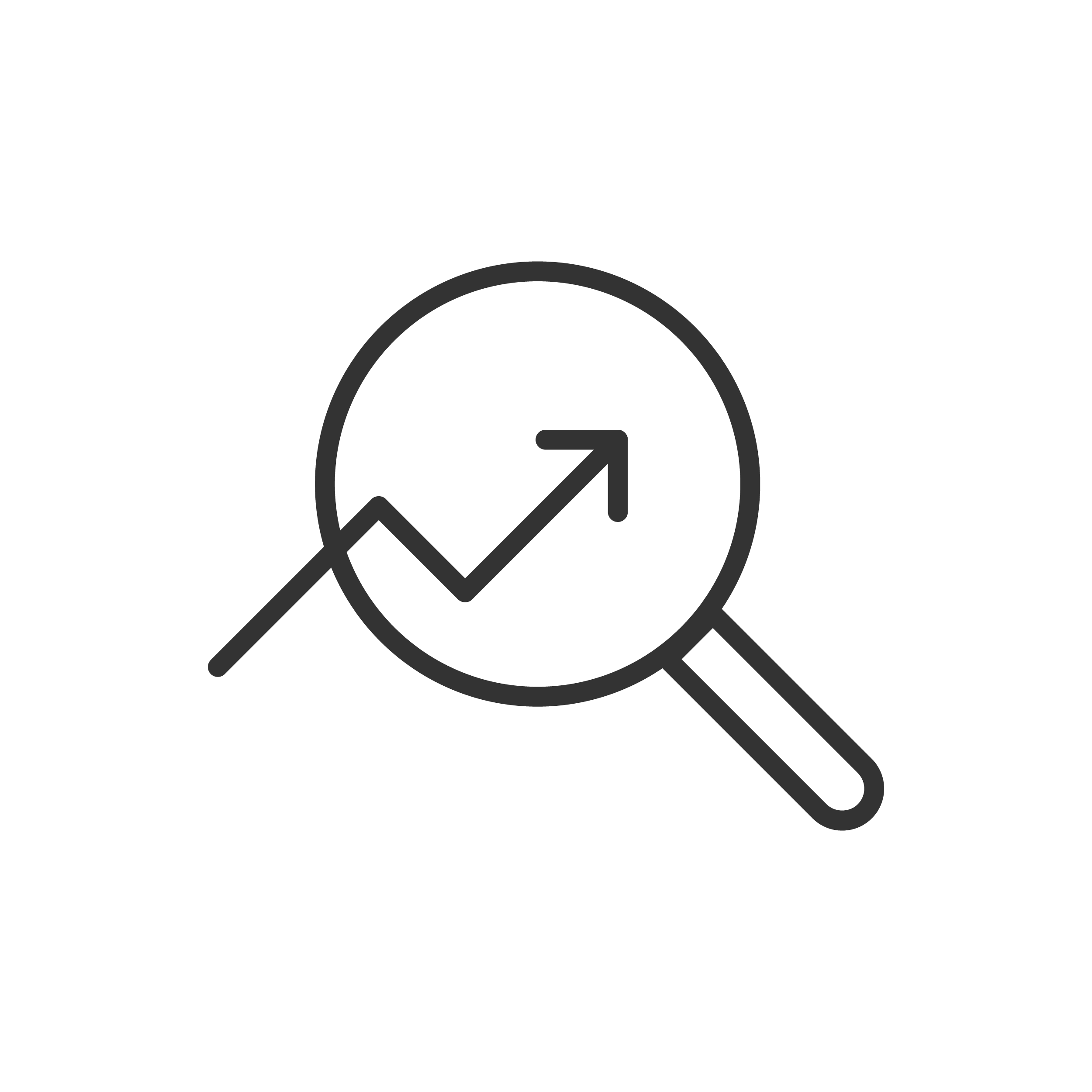 A magnifying glass focusing on a line graph with an upward trending arrow, symbolizing analysis or growth.