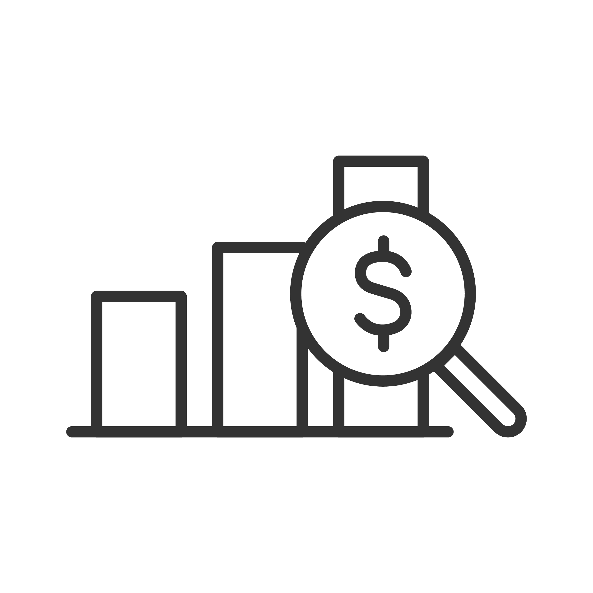 Line graph with ascending bars and a magnifying glass with a dollar sign
