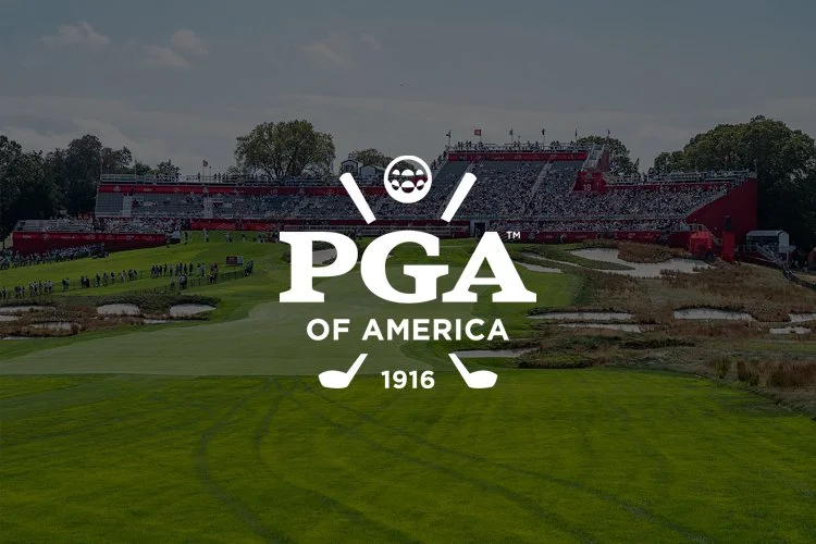 PGA of America logo overlaying a golf course with a tournament setup in the background.