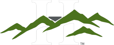 Green mountain range and a white letter 'H' logo on a black background.