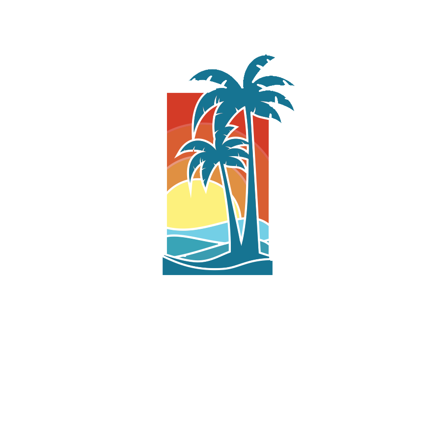 Illustration of a sunset with two palm trees and ocean waves, representing Lee County in Southwest Florida.