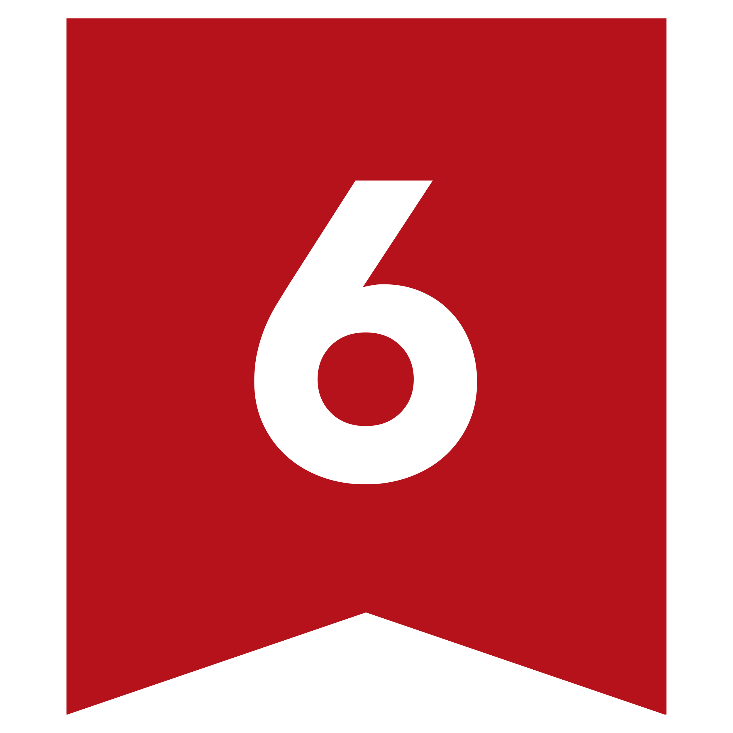A red ribbon award with a large white number 6 in the center.