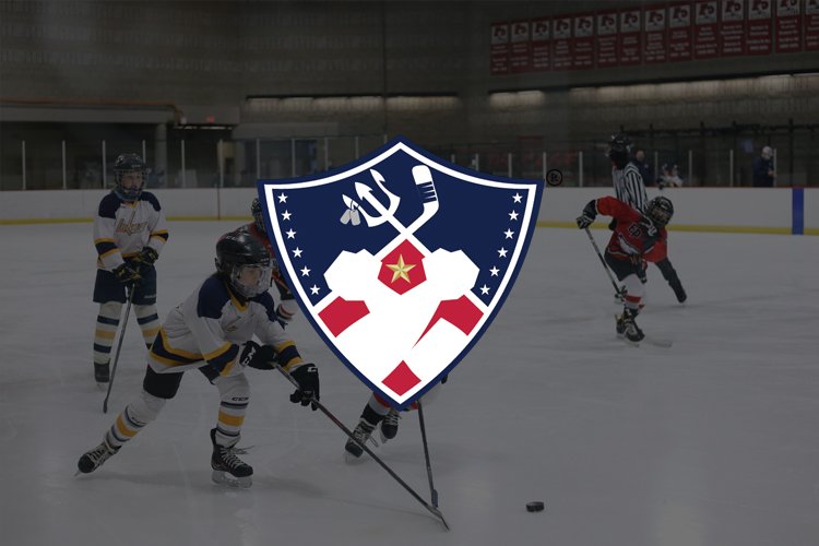 Children playing ice hockey in an indoor rink with a shield-shaped logo overlay featuring a military hammer, wrench, star, and crossed hockey sticks.