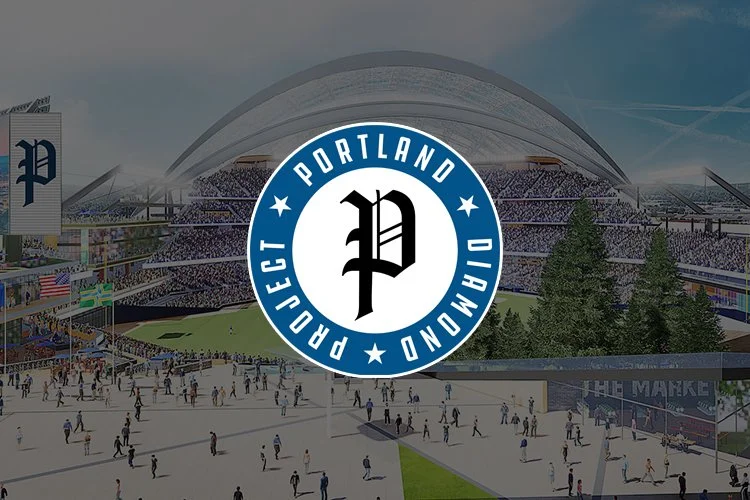 Digital rendering of a stadium with a large crowd, with the Portland Timbers logo overlayed in the center.