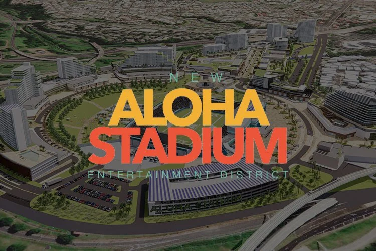 Artist rendering of Aloha Stadium entertainment district with large colorful text overlay