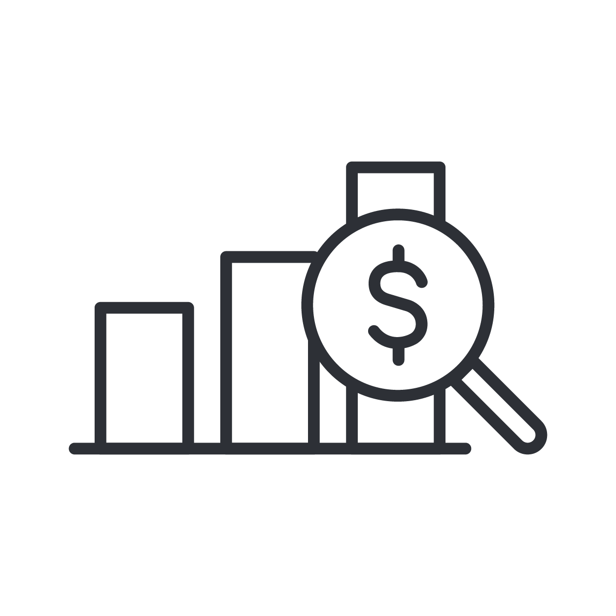 Line graph with increasing bars and a magnifying glass showing a dollar sign.