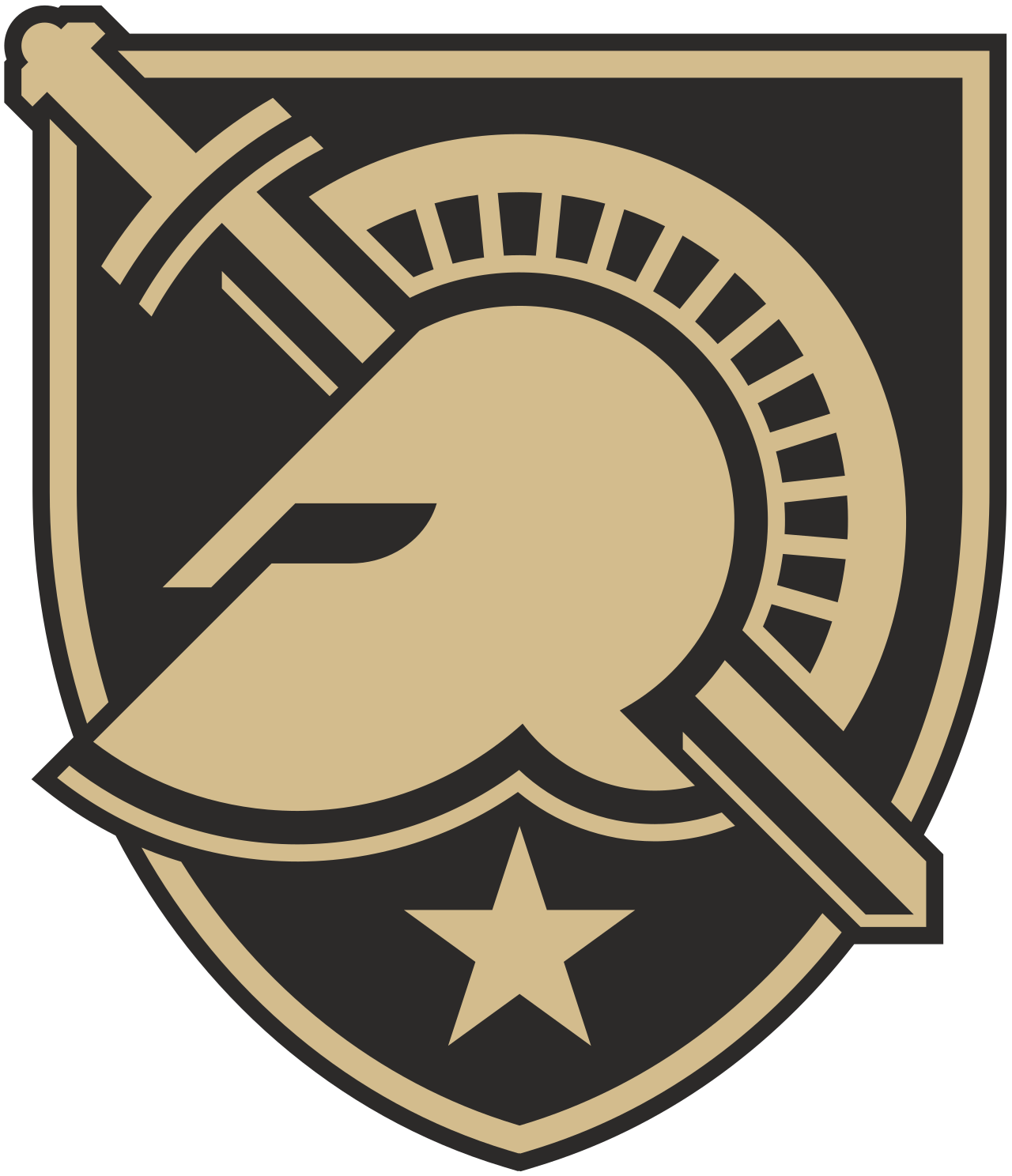 A stylized emblem in black and beige representing West Point logo.