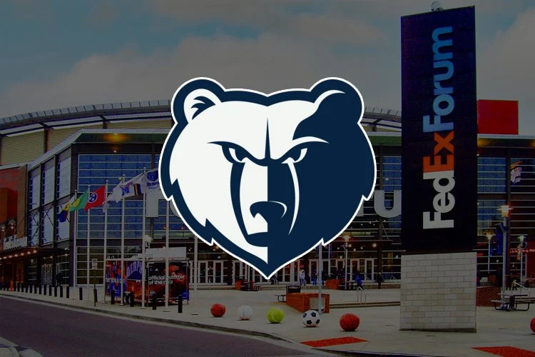 FedExForum building with a large bear logo overlayed in the foreground.