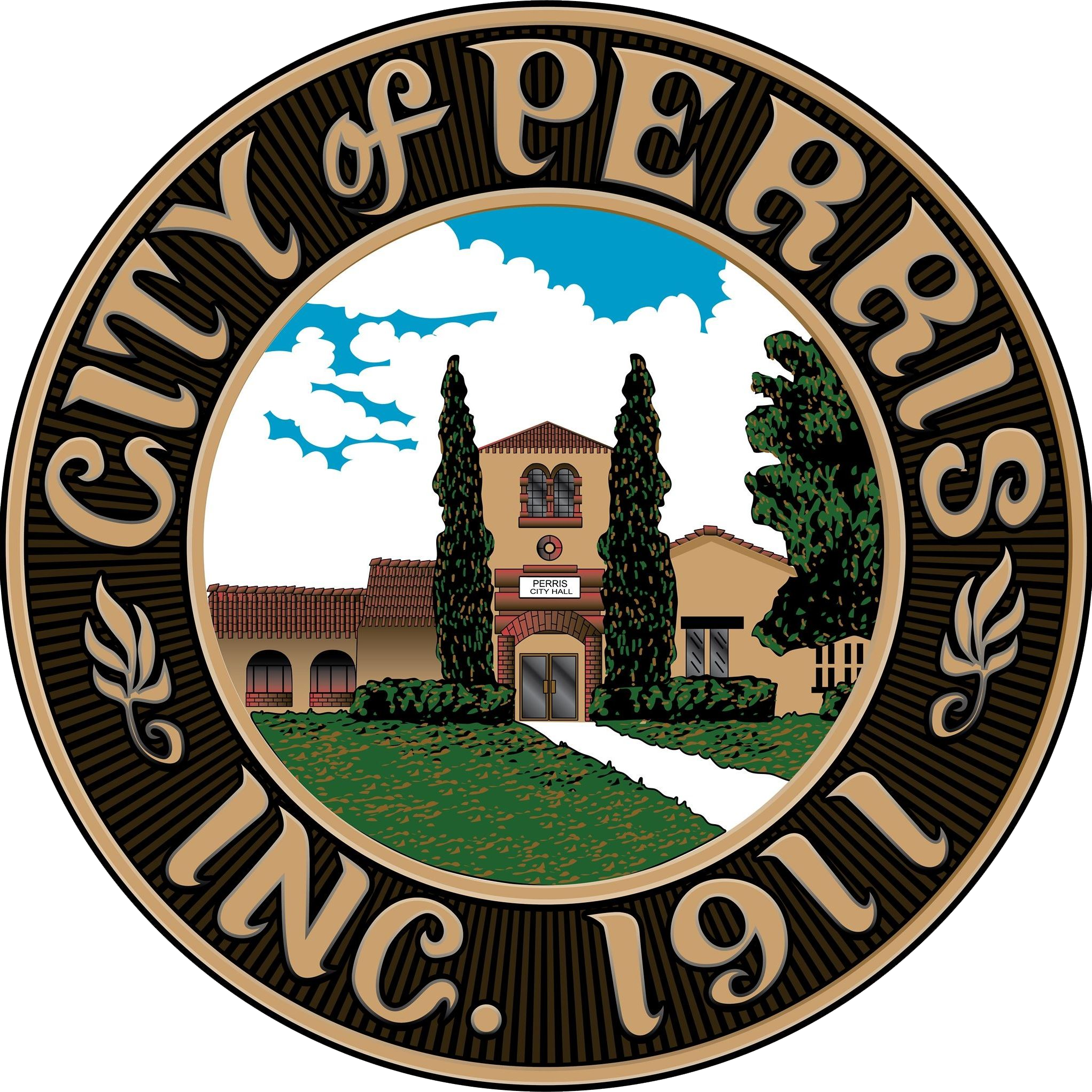 Seal featuring the text 'City of Perris' with a building, trees, blue sky, and clouds in the background.