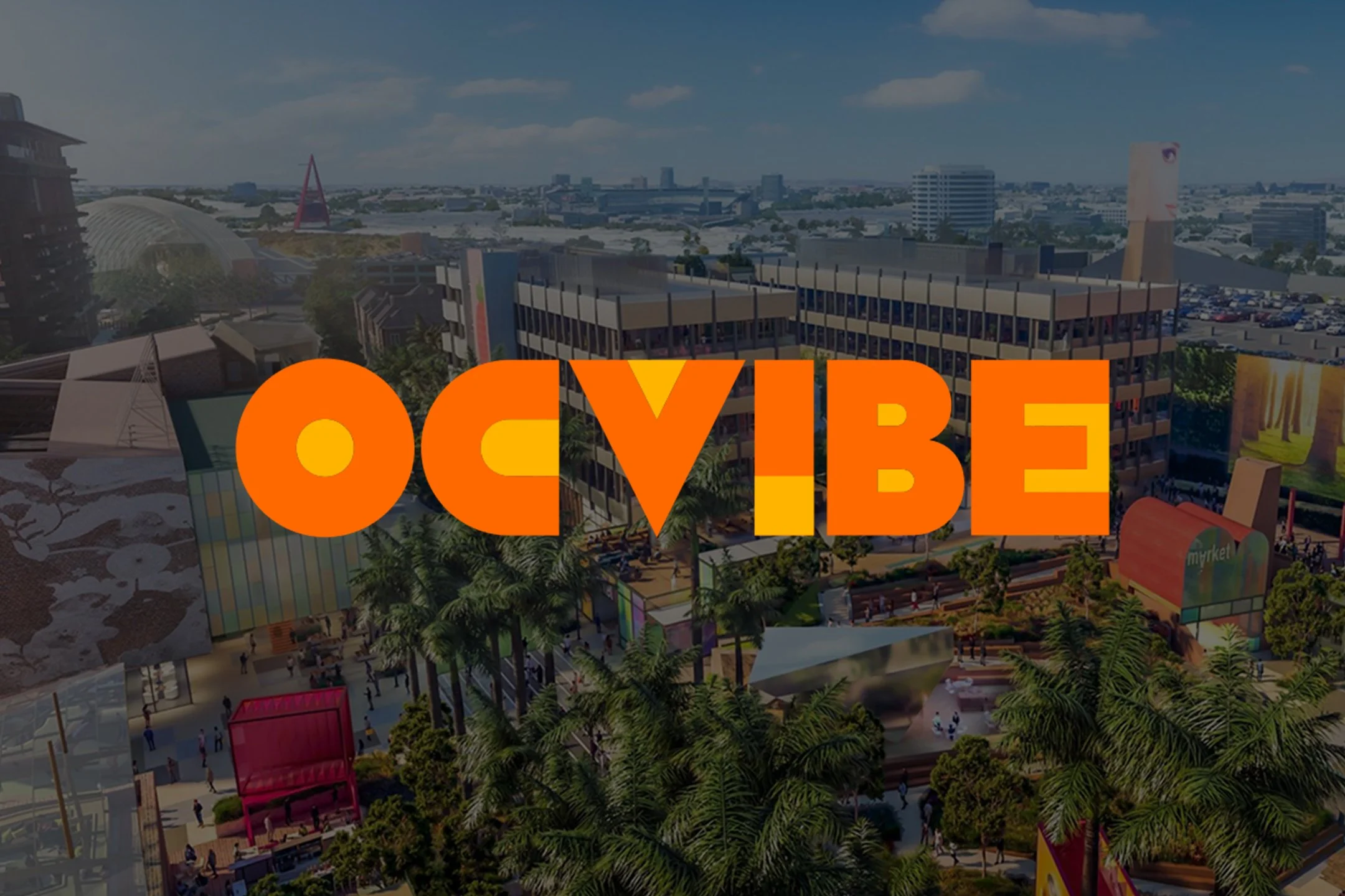 An aerial view of a colorful outdoor urban park with trees, pathways, modern buildings, and a large word sign spelling 'OBXIVE' in orange, with a city skyline in the background.