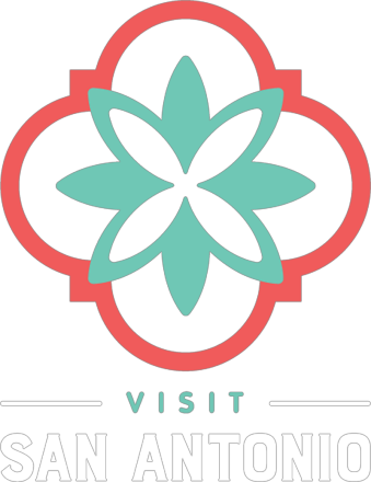 Stylized flower with a pink outline and teal petals, with the words 'Visit San Antonio' below.