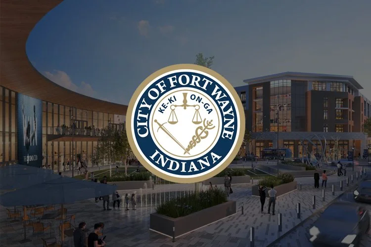 Rendering of a new building project in Fort Wayne, Indiana, with the city seal overlay
