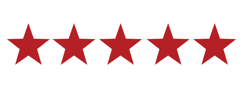 Six red stars aligned in a row on a white background.