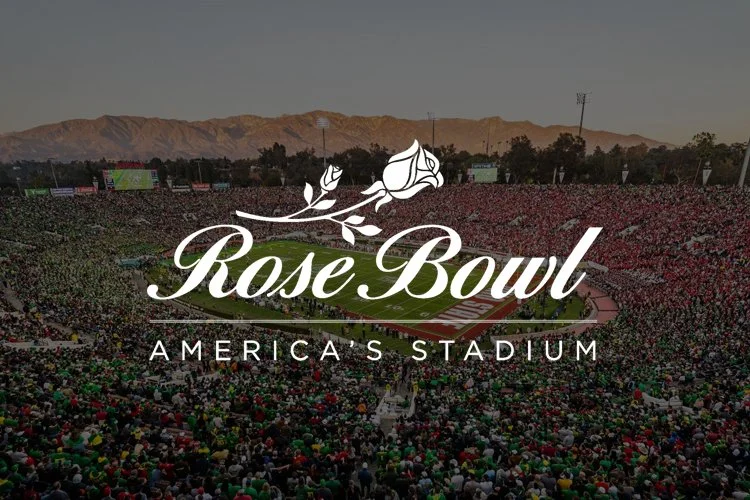 Logo for Rose Bowl, America's Stadium, superimposed over a large stadium filled with spectators during daytime.