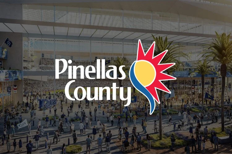 Illustration of the Pinellas County logo superimposed over a crowd of people outside a stadium with palm trees.
