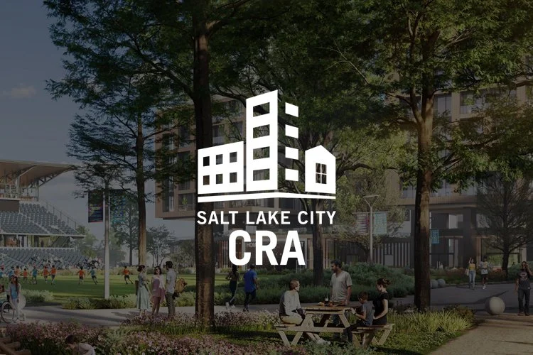 A park scene with people walking and sitting at picnic tables, trees, and a stadium in the background, overlaid with a graphic of buildings and the text 'Salt Lake City CRA'.
