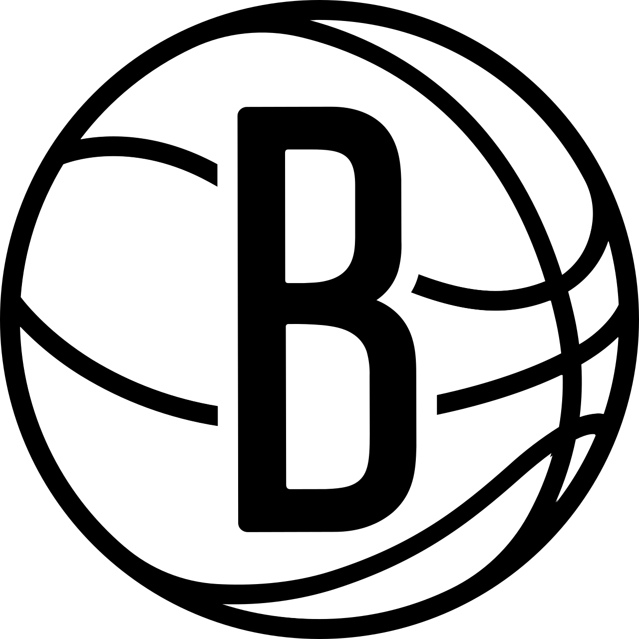 Black and white logo of a stylized basketball with the letter B in the center.