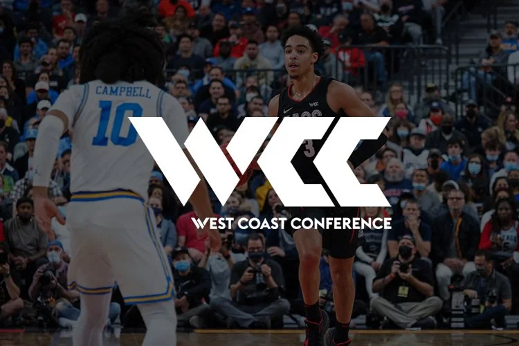 Basketball game with two players on court, one in white jersey with blue accents and the other in black jersey, audience in the background, and West Coast Conference logo overlay.