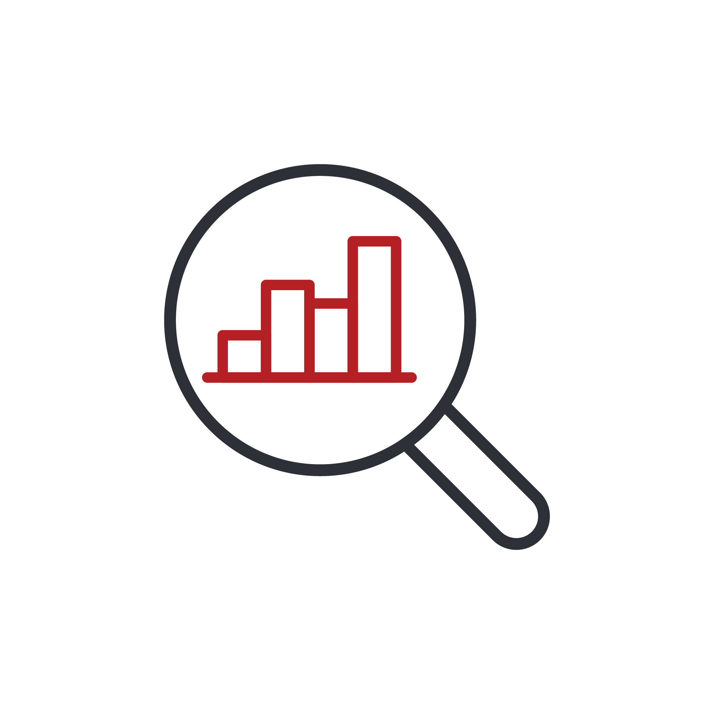 Close-up of a magnifying glass focusing on a red bar chart.